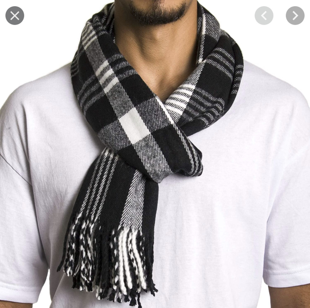 Alpine Swiss Scarf Plaid Acrylic Black Gray White Unisex Neck Warmth New Fringe